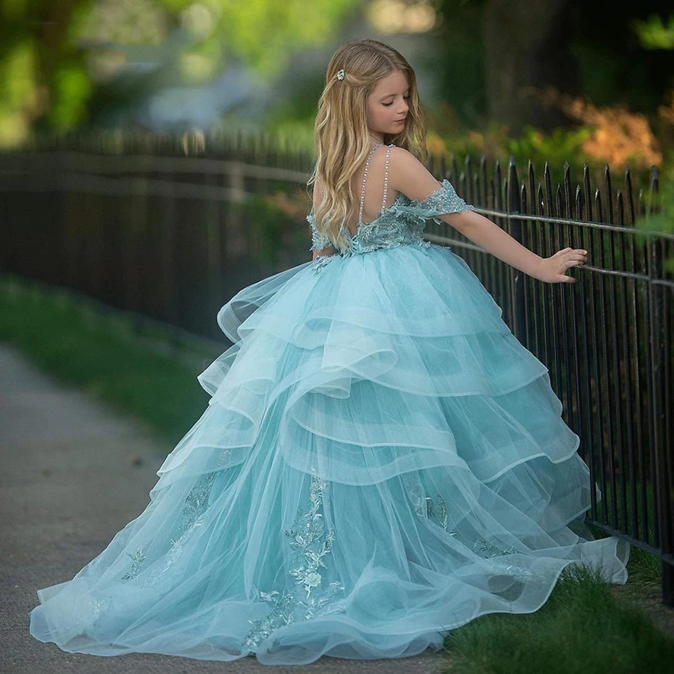 

Blue Puffy Flower Girl Dresses Off The Shoulder Princess Dress Tulle Beading Cute Kids Elegant Vestidos Birthday Part Communion