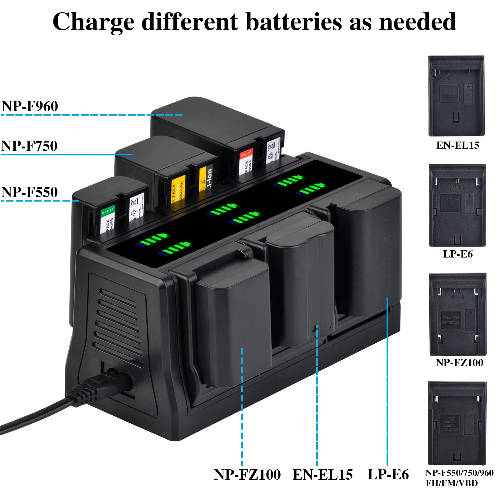 Fast Charger 6-Channel with Changeable Plate For NP-F970 NP-F960 NP-F750 NP-F550 NP-FZ100 LP-E6 EN-EL15 NP-W235