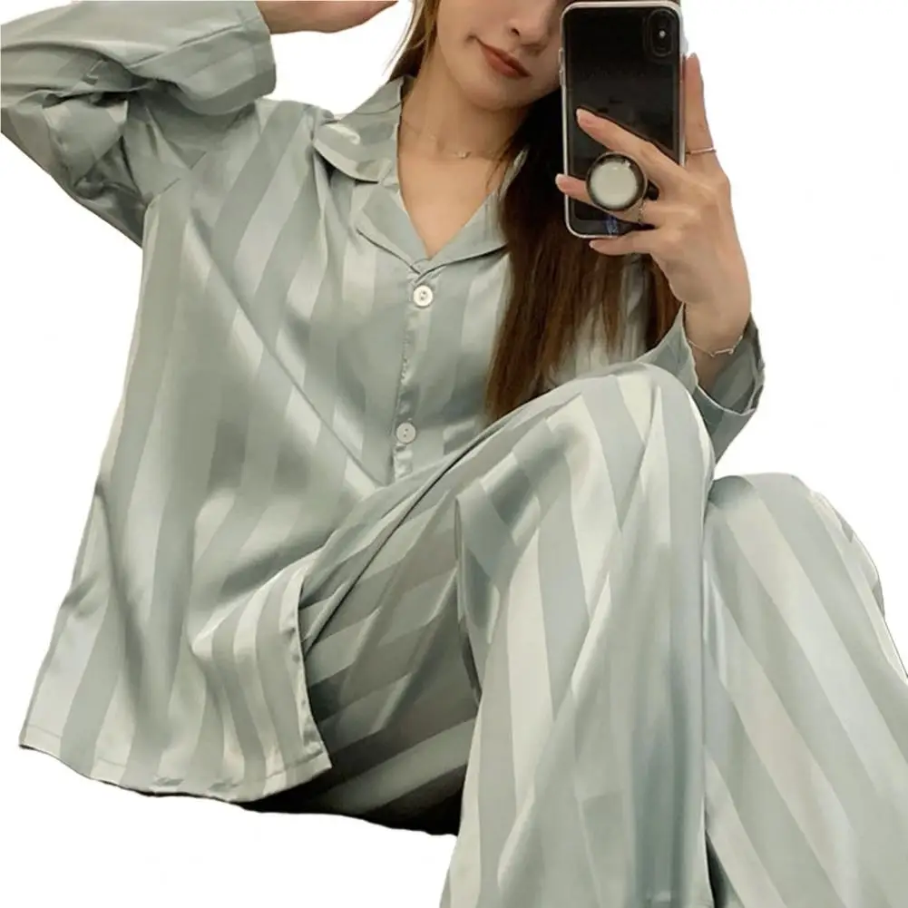 

Two-piece Loungewear Set Striped Silky Ice Silk Pajama Set for Women Long Sleeve Homewear Shirt Wide Leg Pants for Spring