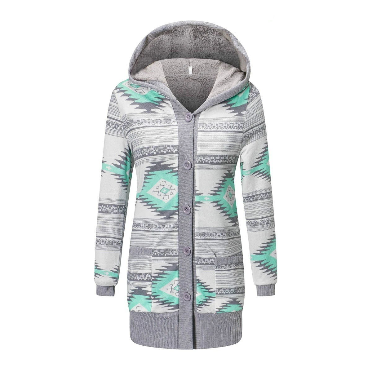 Women Cardigan Striped Print Long Sleeve Sweater Coat Buttons Closure Hooded Plush Lining Sweater Outerwear For Autumn Winter 2