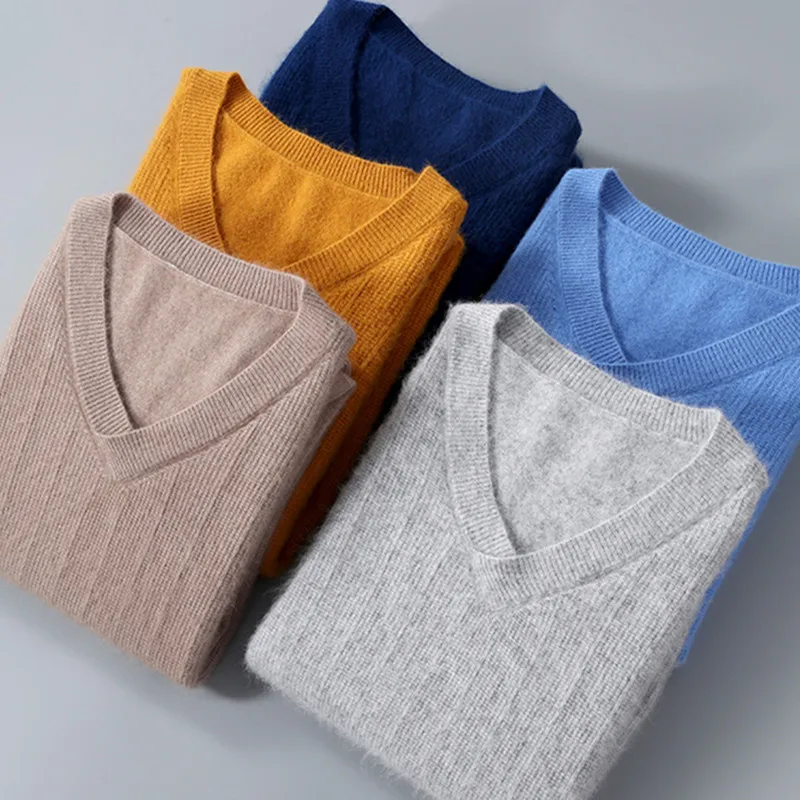 

Men's 100% Mink Cashmere Sweaters 2023 Autumn Winter New Solid Color V-Neck Casual Pullovers Men Bottoming Warm Knitted Jumper