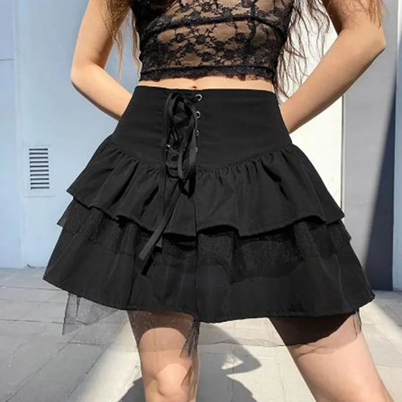 

Preppy Style Patchwork Tulle Skirts for Women 2023 Summer Ruffles Lace-Up Black Puffy Skirt Woman Korean High Waist Mini Skirt
