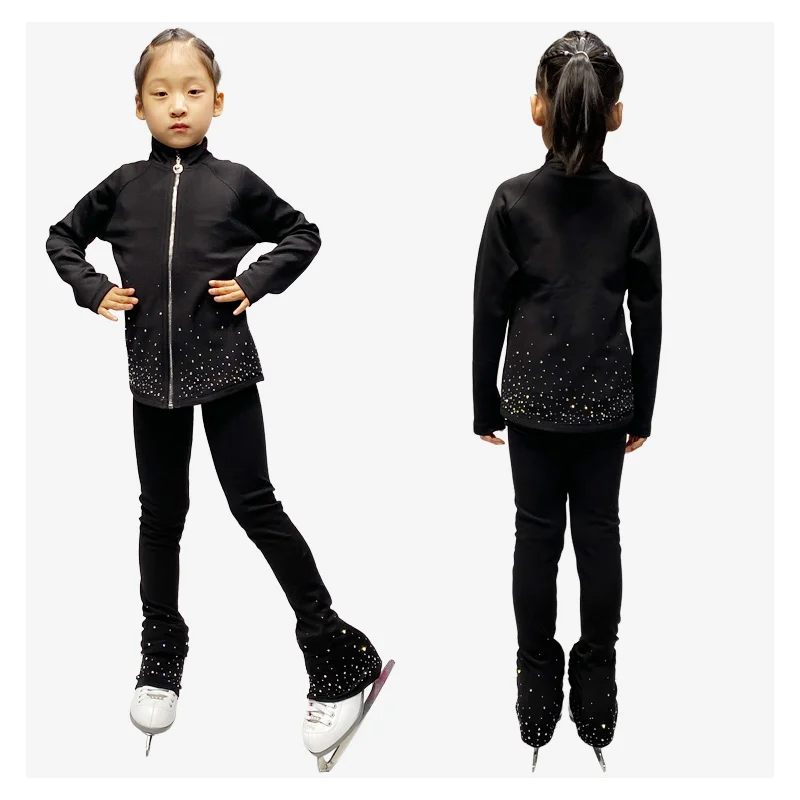 New Ice Figure Skating Jacket Pants Women Girl Trousers Top Black Teens Children Kids Colored Blue Rhinestones Training