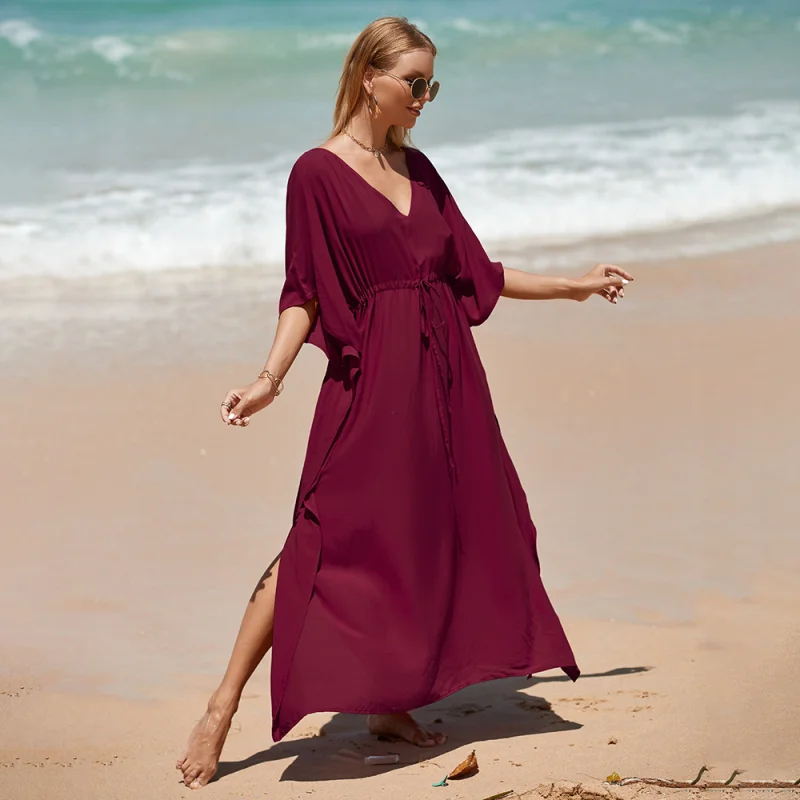 V-neck Batwing Sleeve Solid Color Waistband Dress For Women Summer Bikini Beach Wear Kaftan Long Bathing Swimsuit Cover Up