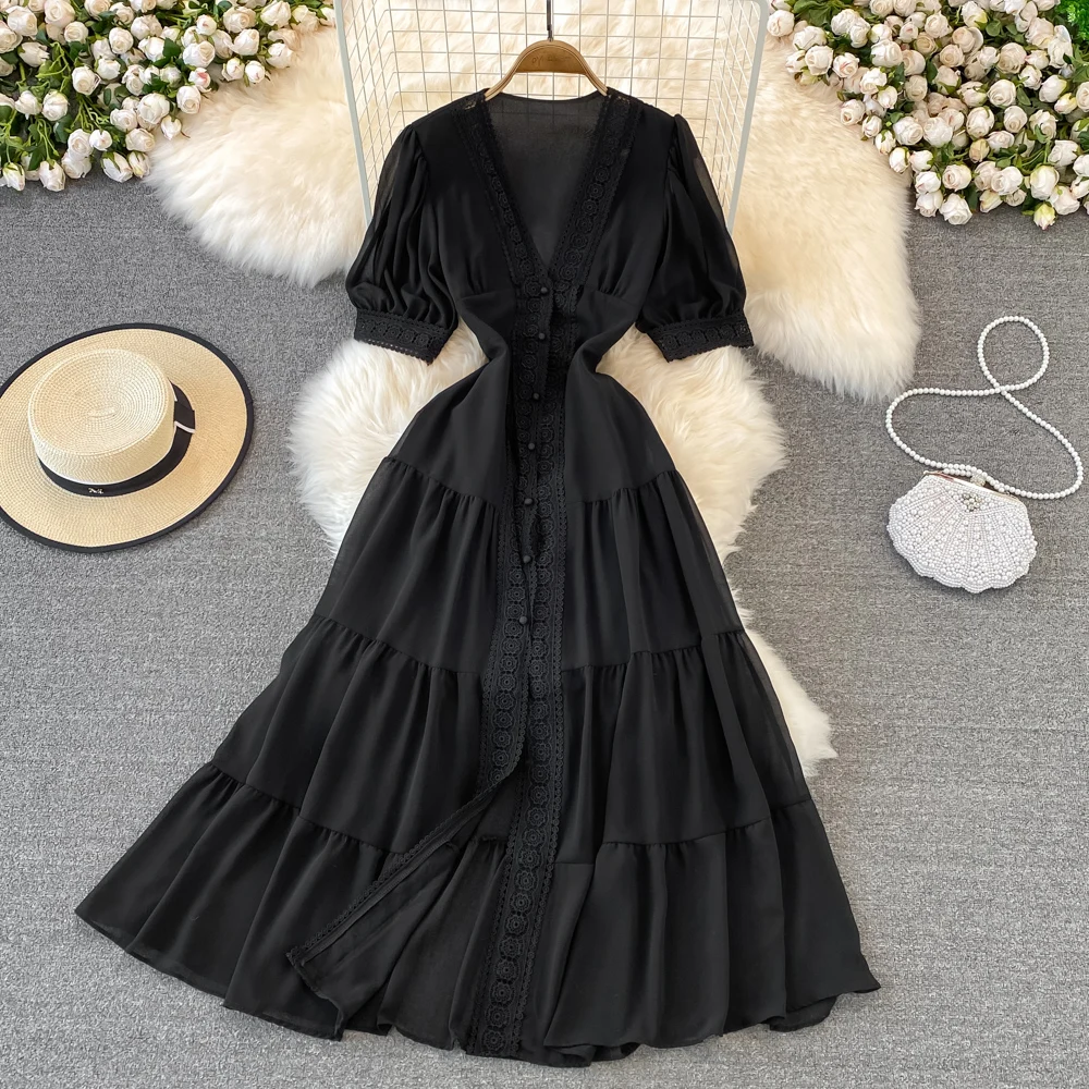 New Women Vintage Party Dress Summer Puff Sleeve Sexy V Neck Lace Single-breasted Long Dresses Ladies A Line Elegant Long Robe