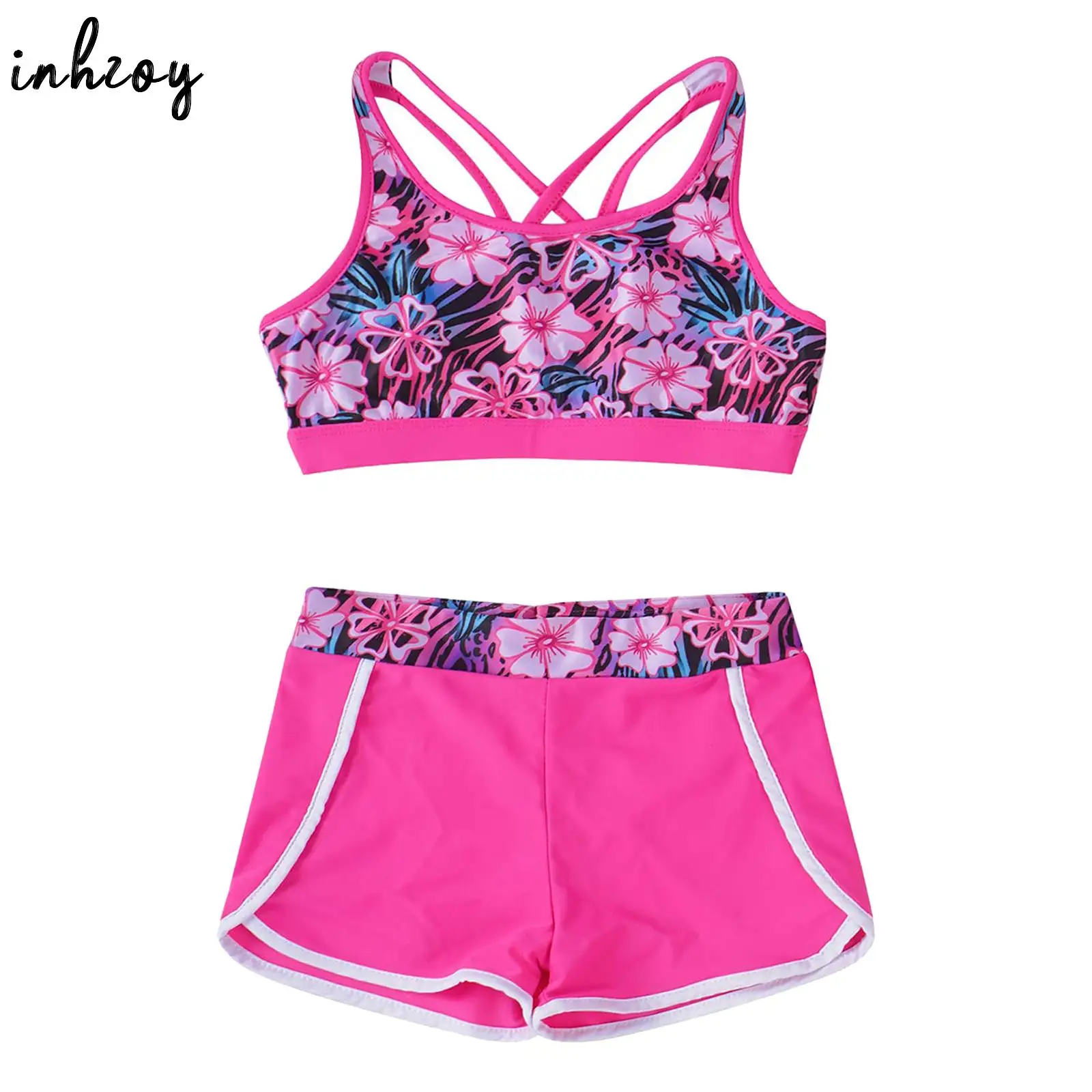 863199-5654c8.jpg Kids Girls Printed Swim Suits Beach Wear Strappy Back Sleeveless Crop Top with Shorts Tankini Swimwear Set Swimming Bathing Suit - Image 1