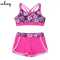Kids Girls Printed Swim Suits Beach Wear Strappy Back Sleeveless Crop Top with Shorts Tankini Swimwear Set Swimming Bathing Suit