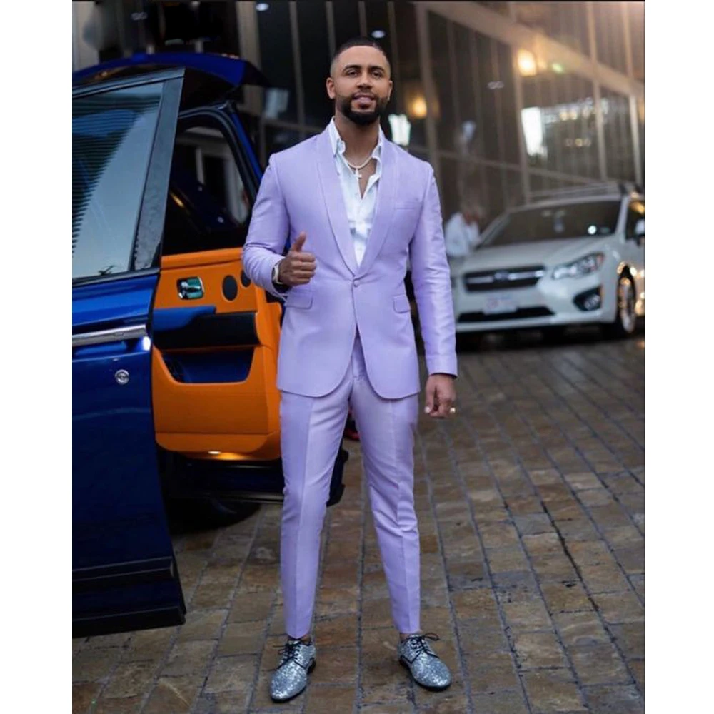 

Lilac Men Suit's Satin For Wedding Normal Fabric Male Fashion 2 Piece (Jacket+Pants) Formal Groom Tuxedo