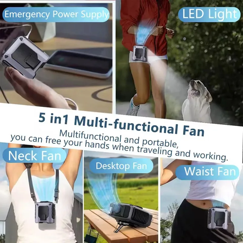 2026Waist Clip Fan Outdoor Portable Hanging Neck Fan Strong Wind with Power Bank LED Lighting for Sports Courier Outdoor Working