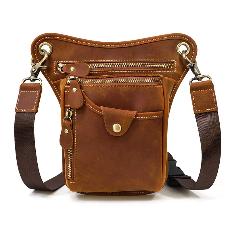 

AETOO Men's leather Fanny pack retro crazy horse skin leg bag casual going out mobile phone baotou layer cowhide men's bag gun