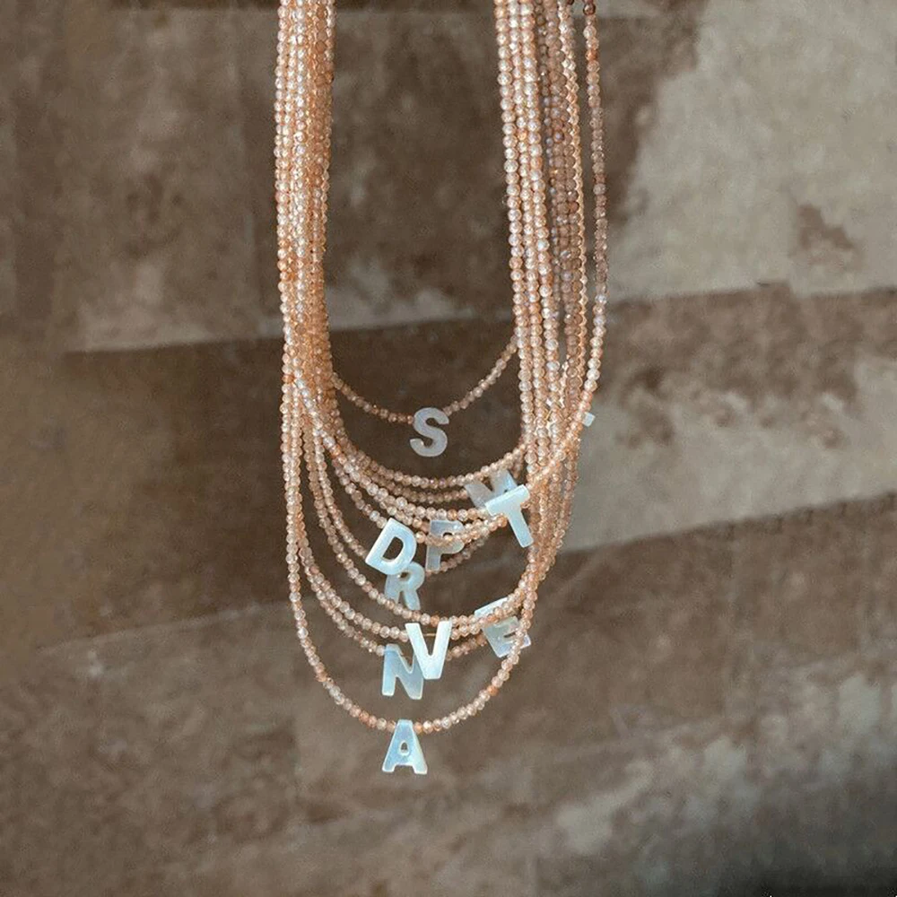 Boho Handmade Natural Stone Beaded Initial Necklace for Women Shell Letter Fashion Summer Beach Jewelry