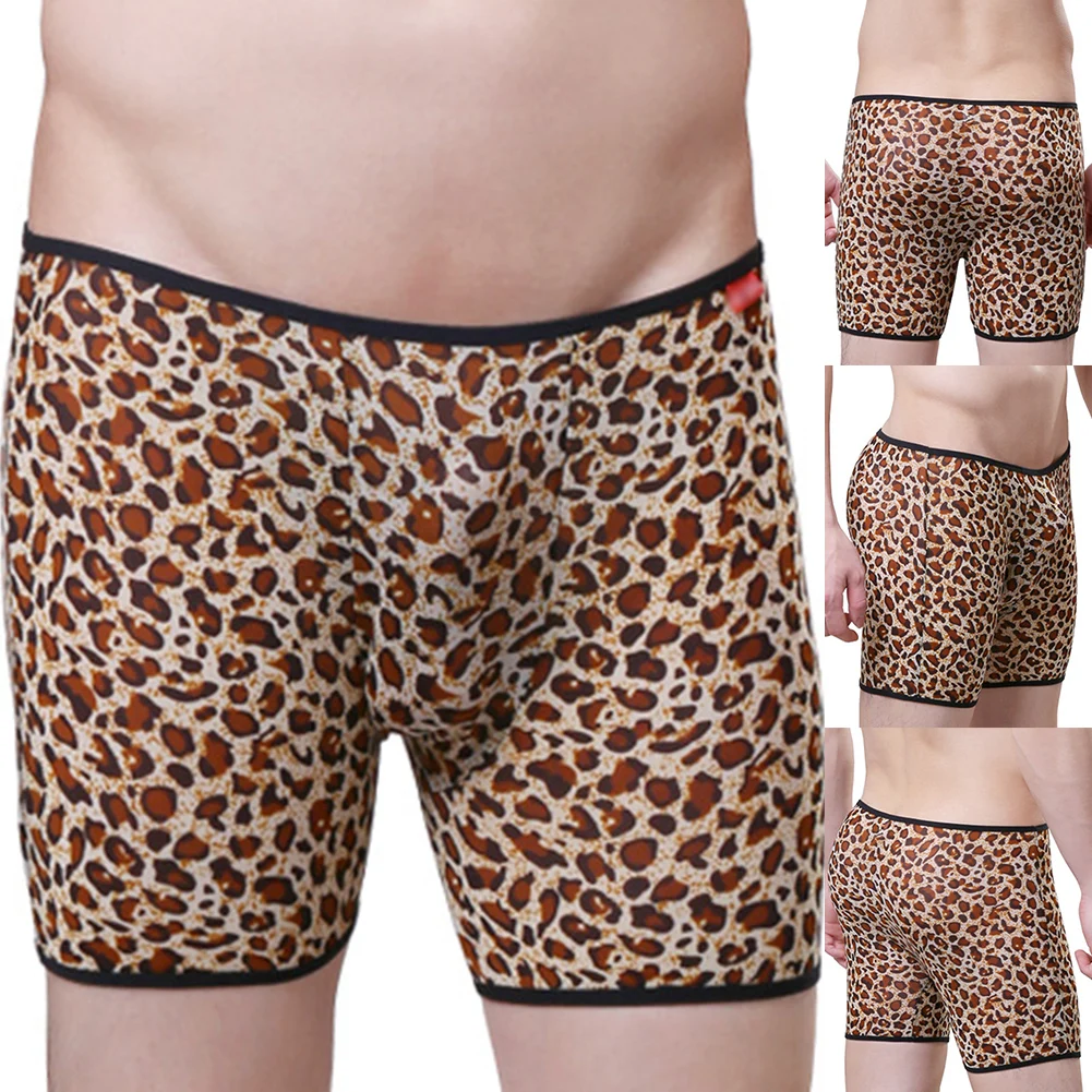 Sexy Men Mesh Leopard Long Leg Boxer Briefs Pouch Underwear Shorts Trunks Underpants Elasticity Slips Swimwear Underclothes