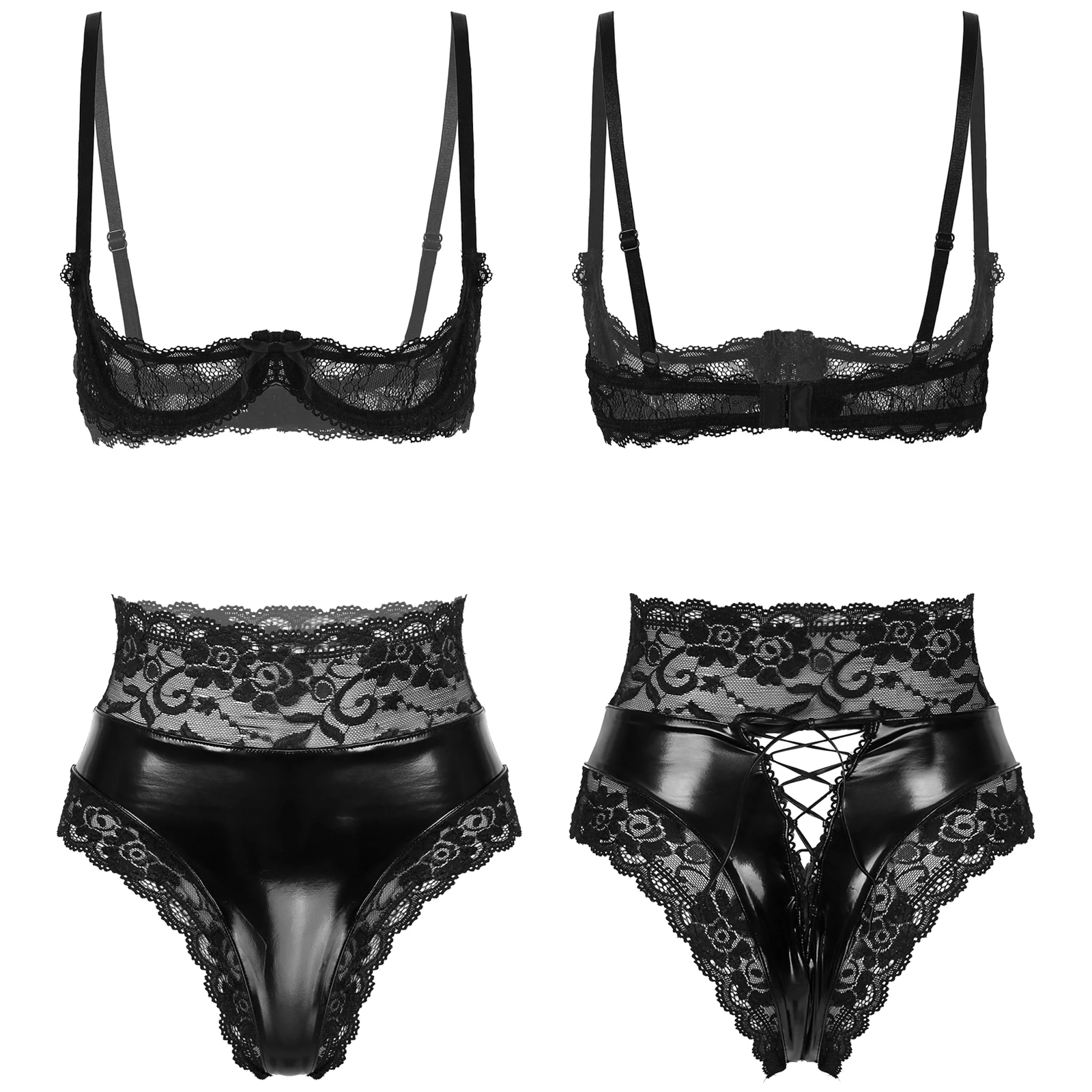 

#S-4XL Women Erotic Lingerie Set Adjustable Straps Half Cups Open Breast Bra Tops with Patent Leather Hollow Out Briefs Clubwear