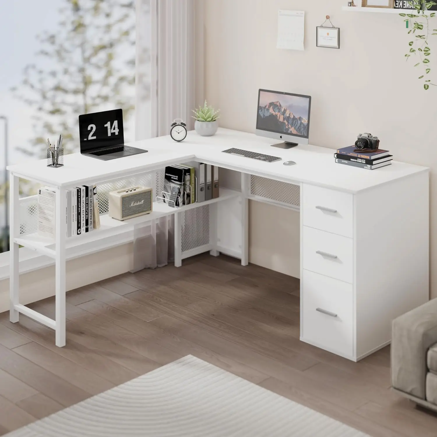 Reversible Modern L-Shaped Computer Desk , Large Wood Metal L Shape Home Office Desk for Work Study Writing Gaming 3