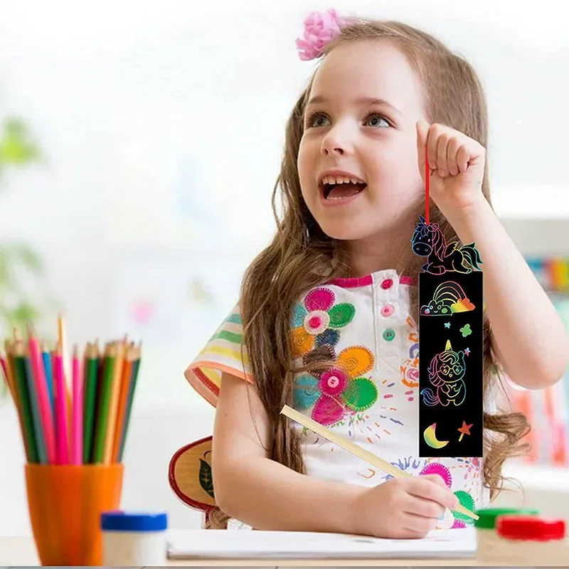 12pcs DIY Cartoon Bookmark Handwriting Scratch Painting Creative Colorful Scratch Paper Children's Painting Art Supplies