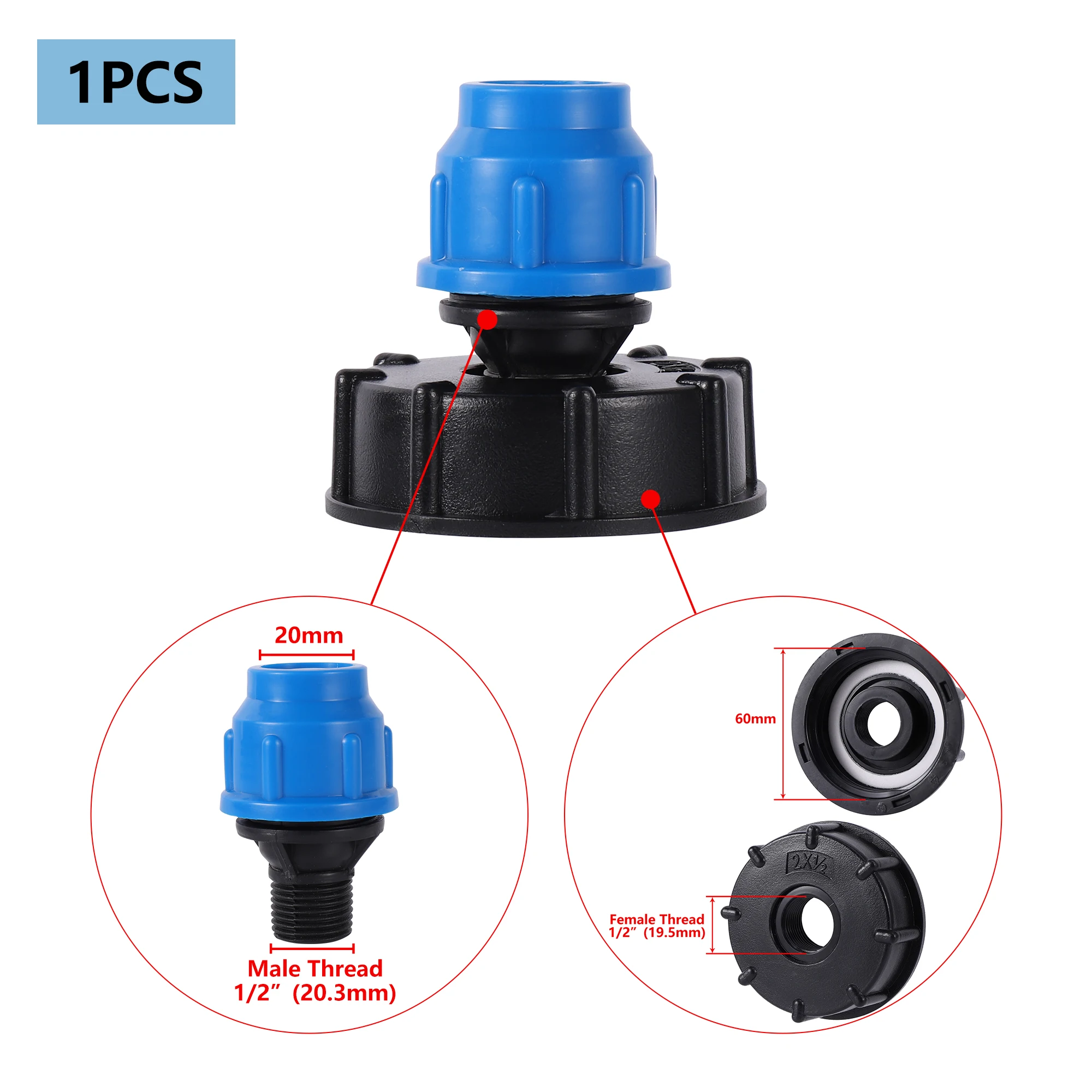 Raccordo Per Serbatoio IBC Filetto Grosso DN60 - Adattatore Con Uscita 25mm (1 Pollice) Per Tubo Da Giardino