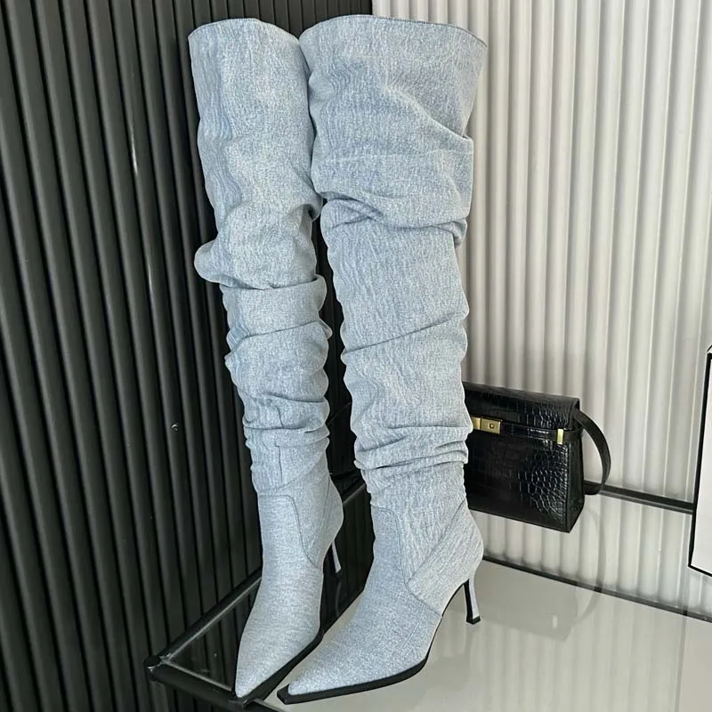 Ladies Over The Knee Modern Long Boots For High Heels Footwear Pointed Toe Denim Women Pumps 2023 Autumn Winter Female Shoes