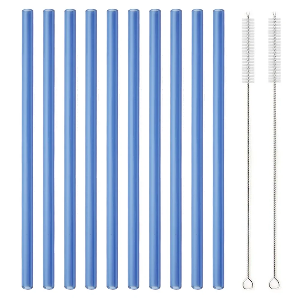 Set of 10 Reusable Glass Straws with Cleaning Brush - 8 Long