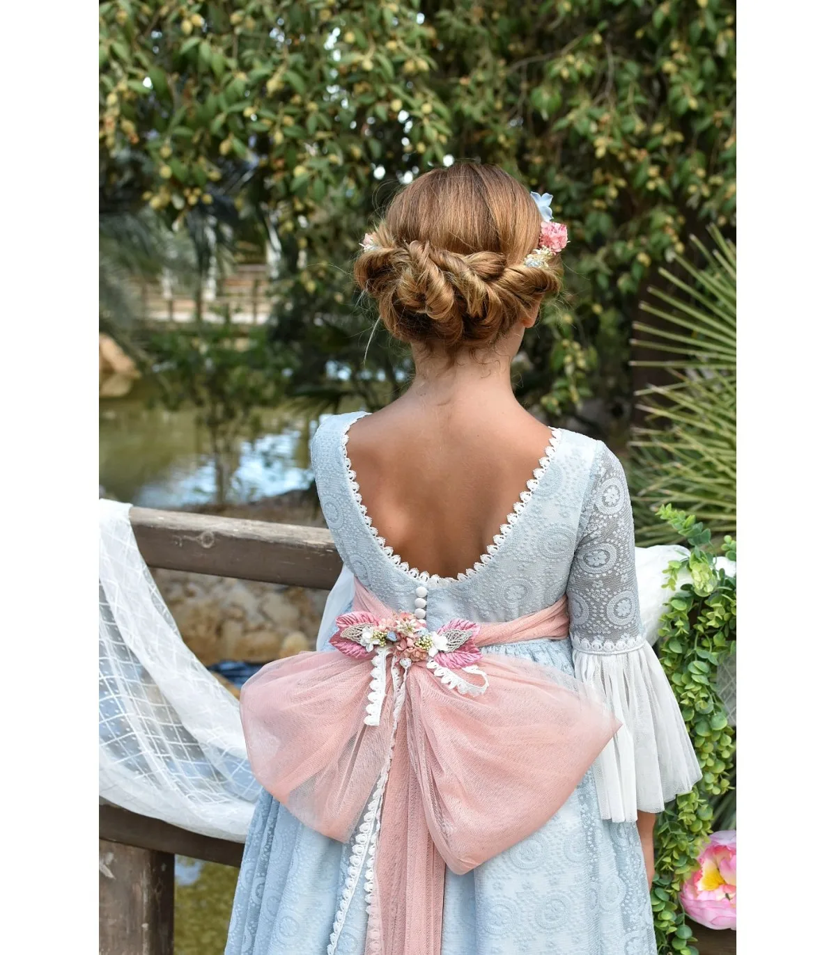 FATAPAESE Fairy Flower Girl Dress for Kid Vintage Princess Lace Floral Ribbon Belt Bridemini Bridesmaid Wedding Party Tulle Gown