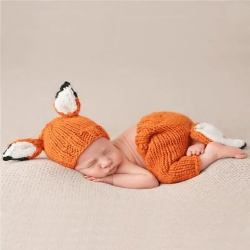 

Newborn Baby Photography Clothing Wool Knitting Hat And Pants Handmade Cartoon Fox Shape Set Photo Shoot Props Kids Accessories