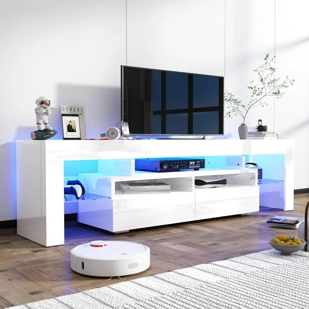 TV Stand for TV, High Glossy Modern Entertainment Center with Drawer and Led Lights, Television Table Media Console  TV Stand