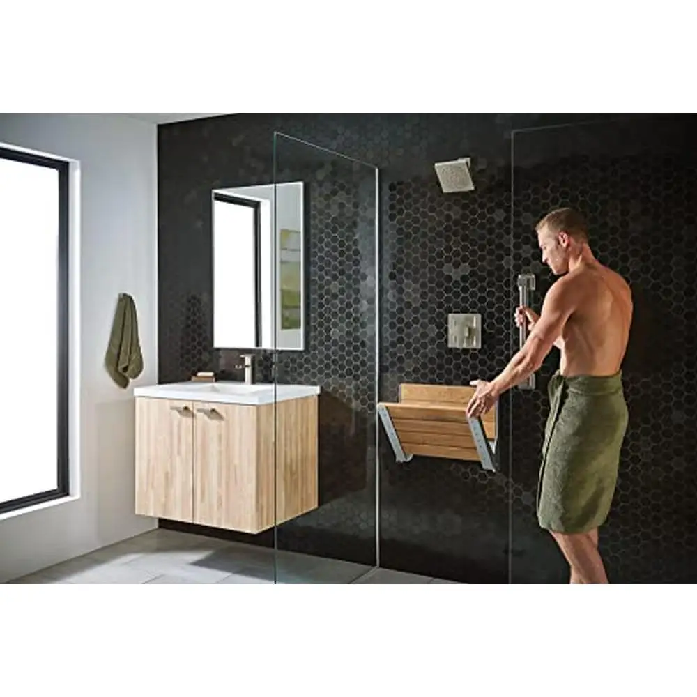 Bathroom Safety Folding Shower Seat Wall Mounted Bench Teak Wood Aluminum DN7110 5