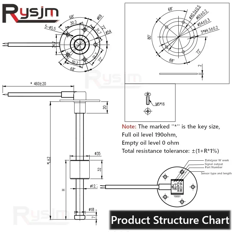 0-190 ohm Fuel Float Sensor 125/175/225/250/275/500mm Water Level Sensor Oil Tan