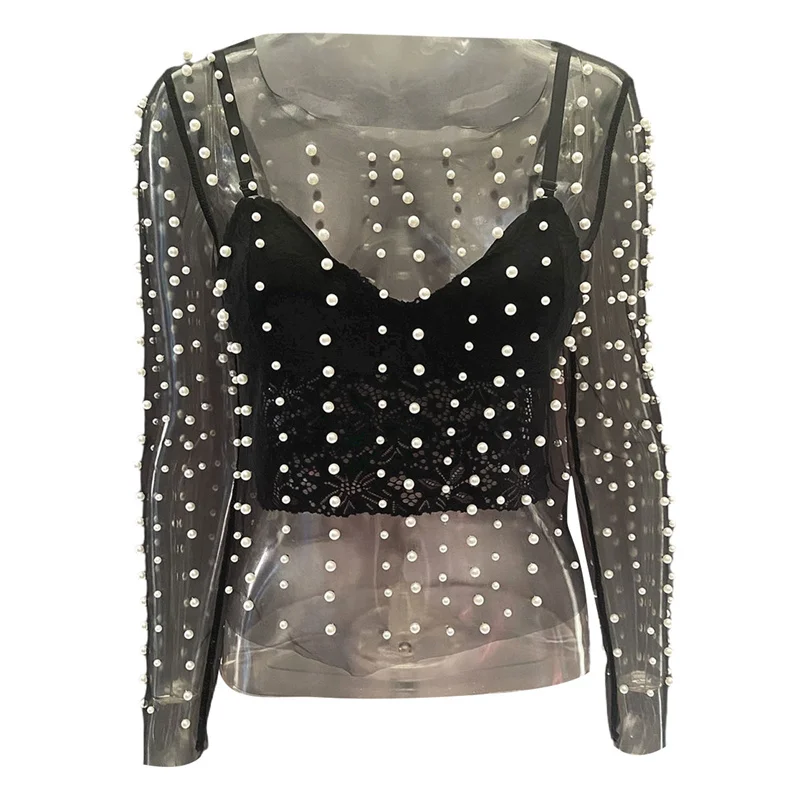 Sheer Mesh Top with Pearls Women y2k Clothing See Through Round Neck Long Sleeve T Shirt 2000s Clothes Party Clubwear