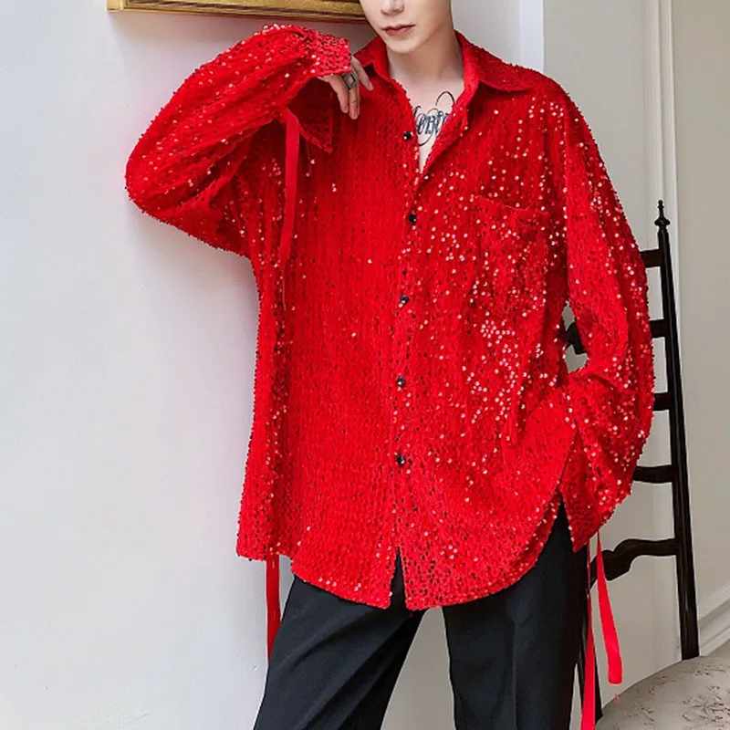 Fashion Street Shirts Retro Sequin Fringe Stage Show Dresses Personal Trends Shiny Sequins Reflective Men's Shirts Long Sleeves jeheth yellow mini tulle prom dresses women detachable puff sleeves evening gown vintage a line sequin backless robes de soirée