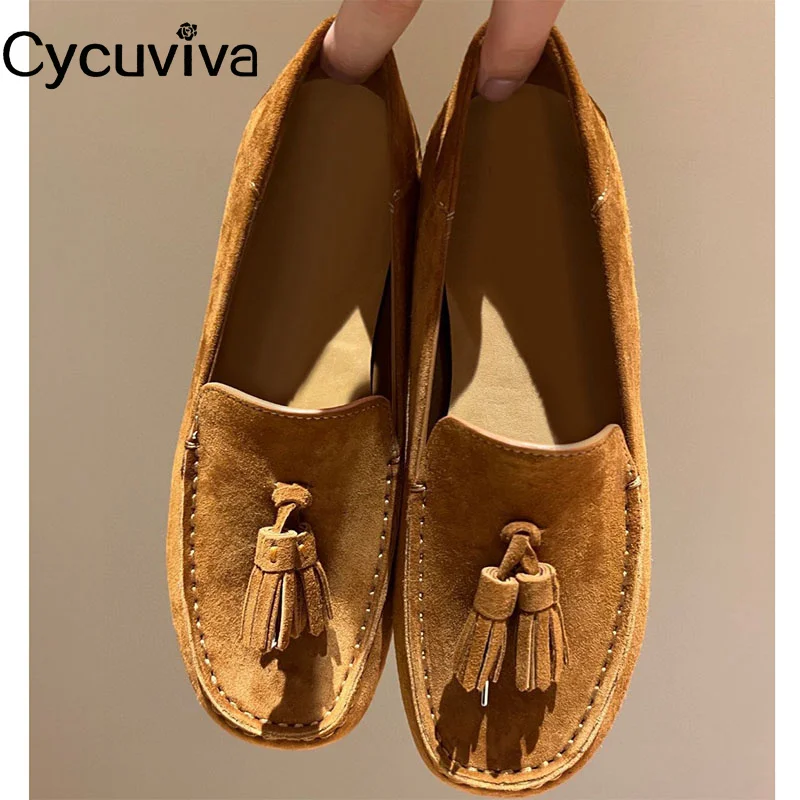 

New Summer Walk Fringe Decor Mules Suede Leather Platform Flat Casual Shoes For Women Slip On Loafers Flats Ballet Ladies Shoes