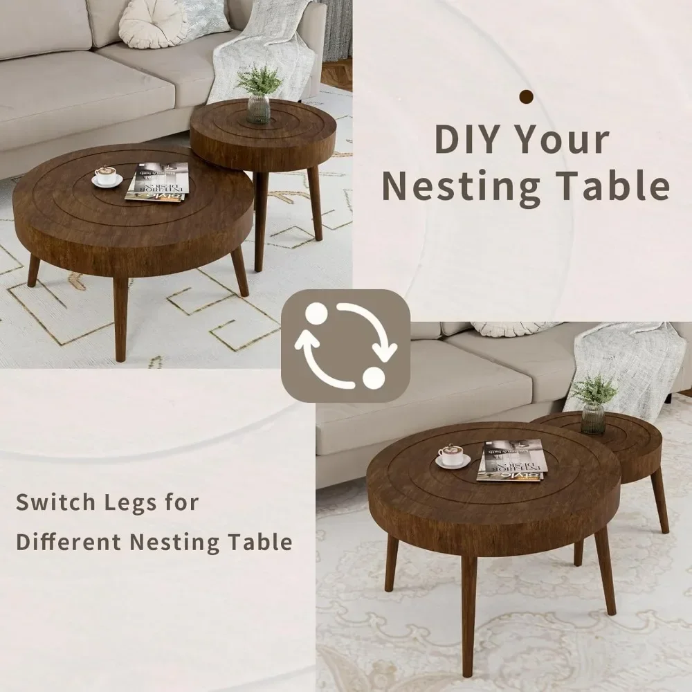 Nesting Coffee Tables w Wood Grain Finish, 2 Pieces Living Room Tea Table Sets w Wood Legs, Round Coffee Table Sets wit