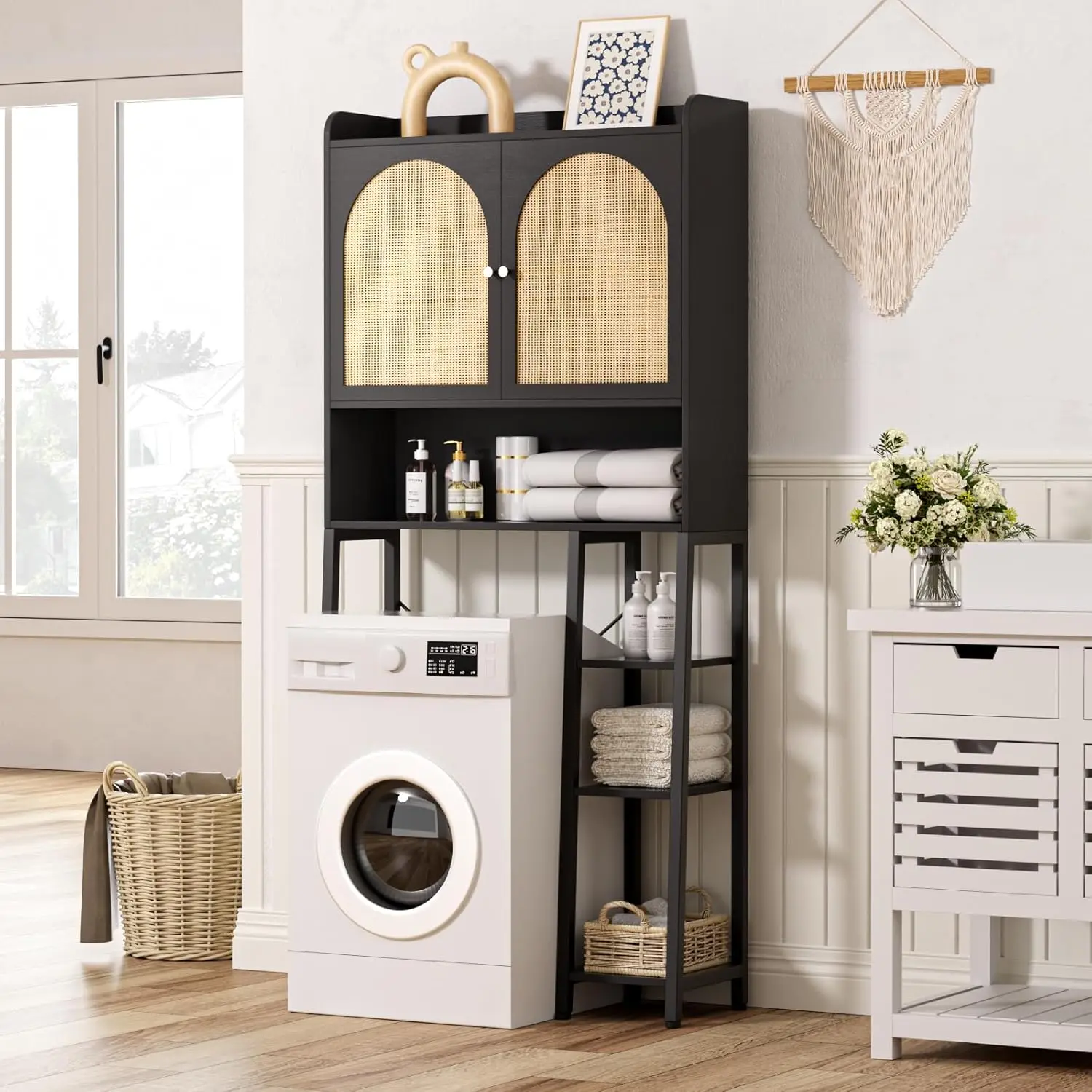 Vabches Over-the-Toilet Storage Cabinet with Rattan Doors & Metal Stand, 67" 4