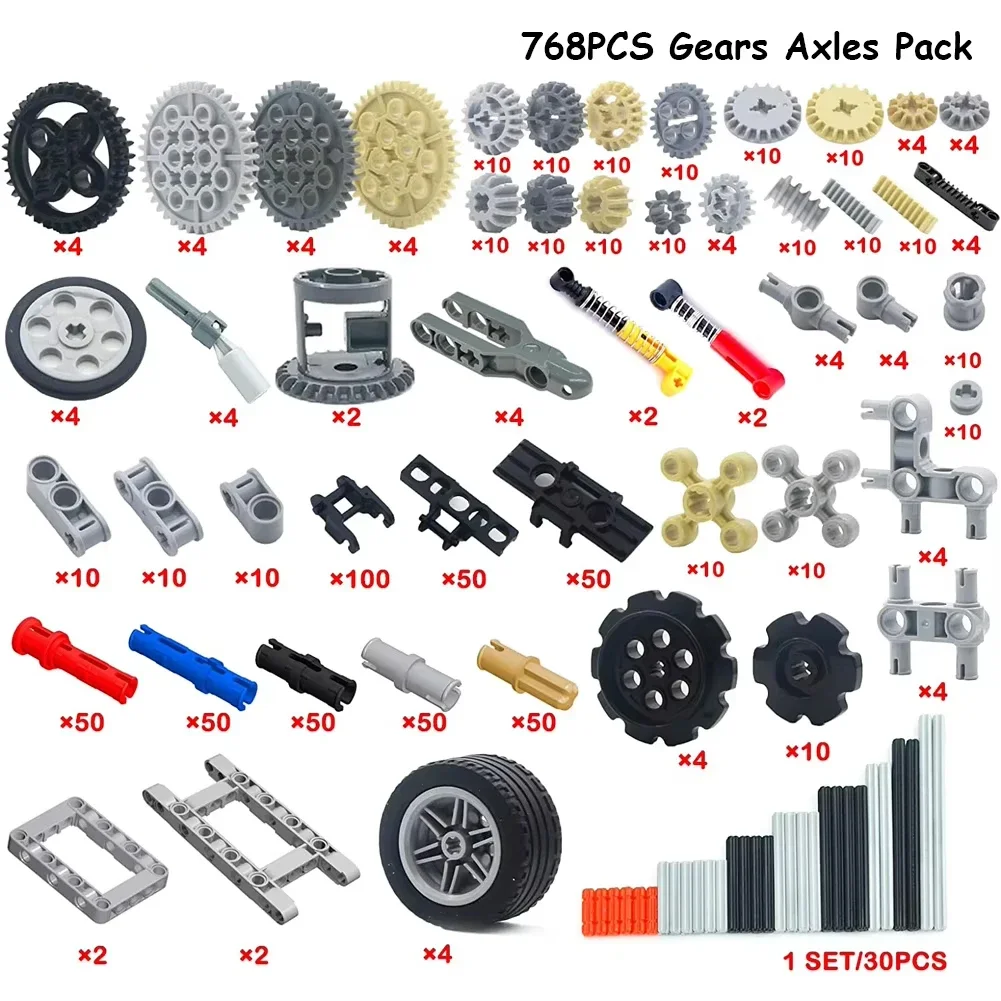 768PCS Technical Parts Cars Gears Axles Pack Wheels Connectors Chain Link Pins Joints Bricks Shock Absorber MOC Building Blocks