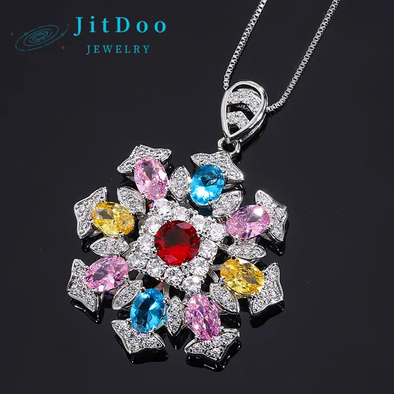 

JitDoo Multicolor Tourmaline Pendant Snowflake Shape Studded with Diamonds Pendant Necklace for Women Luxury Birthday Jewel Gift