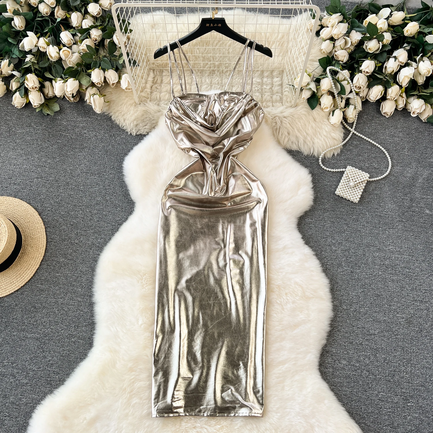 

Summer Pleated Midi Dress For Women Sleeveless Lace Vestidos Gold