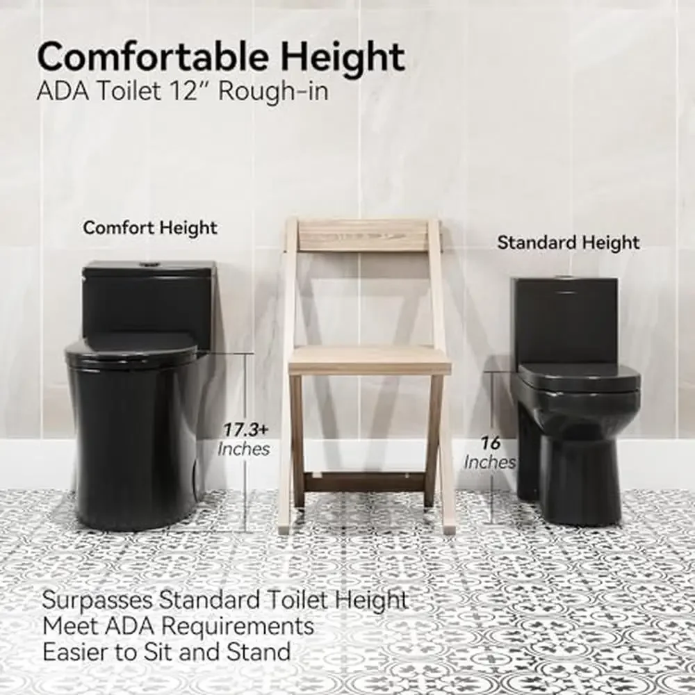 Compact Elongated Black Toilet 17.3" ADA Chair Height Dual Flush 1000g Soft Close Seat 5