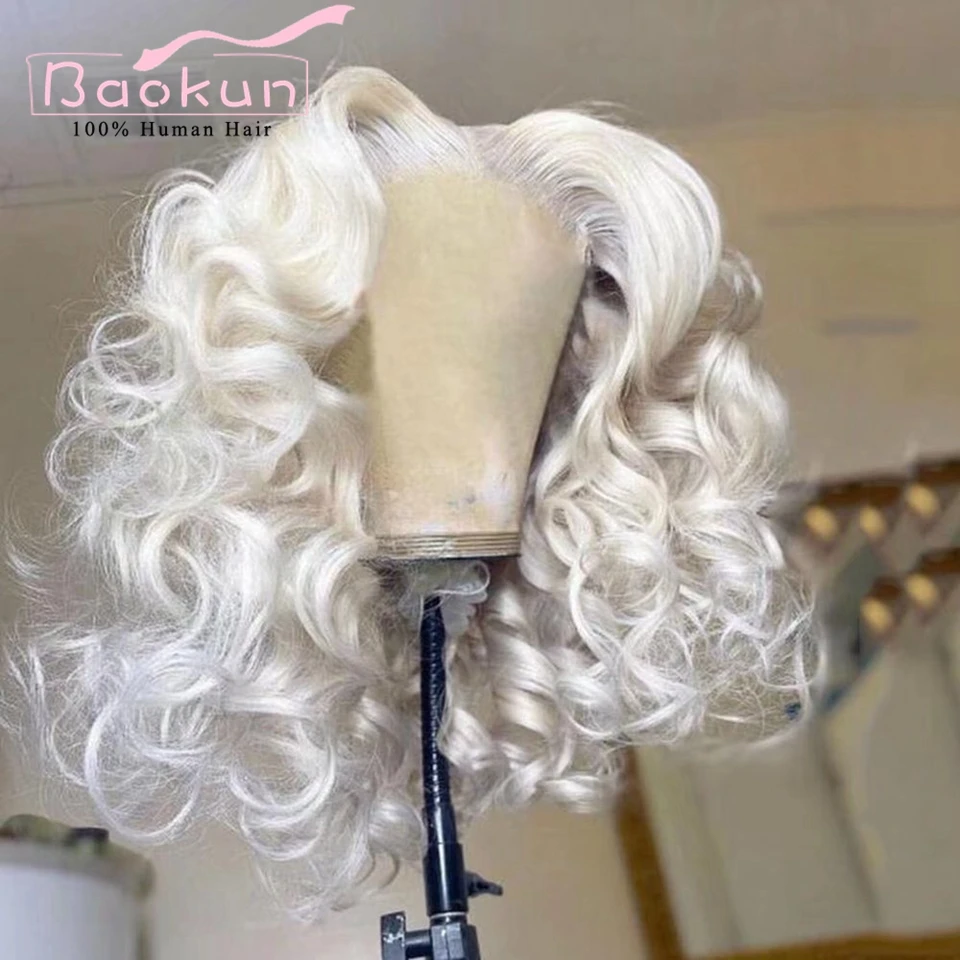 

13x4 Platinum Blonde Short Curly Human Hair Wigs Glueless Remy 13x6 HD Lace Frontal Wig Bob Straight Lace Front Wigs For Women