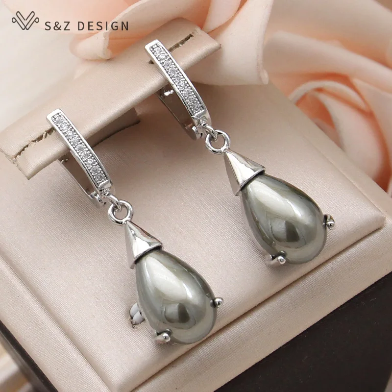 S&Z DESIGN New Fashion Vintage Water Drop Simulated-pearl Dangle Earrings For Women Wedding 585 Rose Gold Color Jewelry Gift