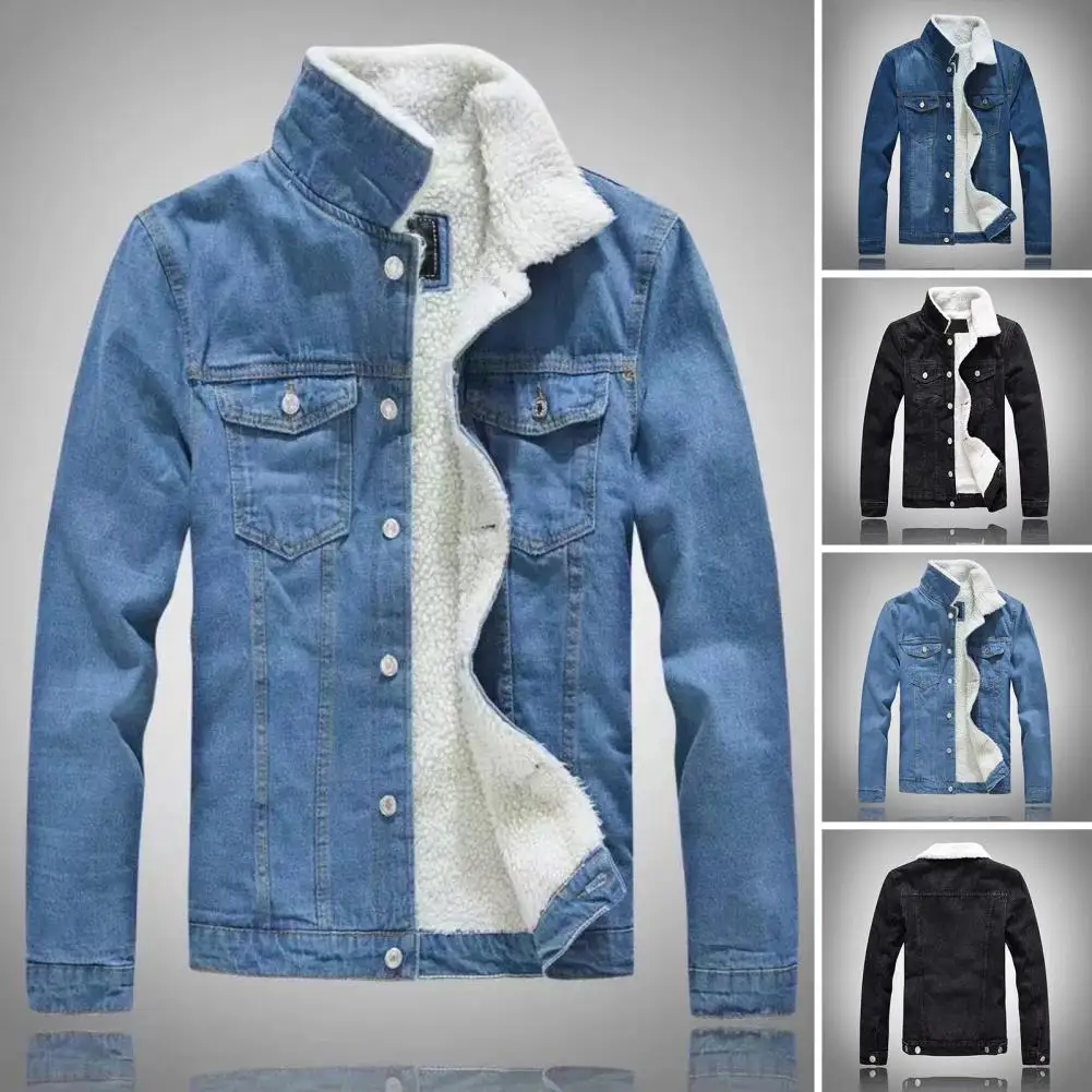 Men Solid Color Jacket Men's Stand Collar Denim Jacket with Thickened Plush Lining Neck Protection Slim Fit for Fall