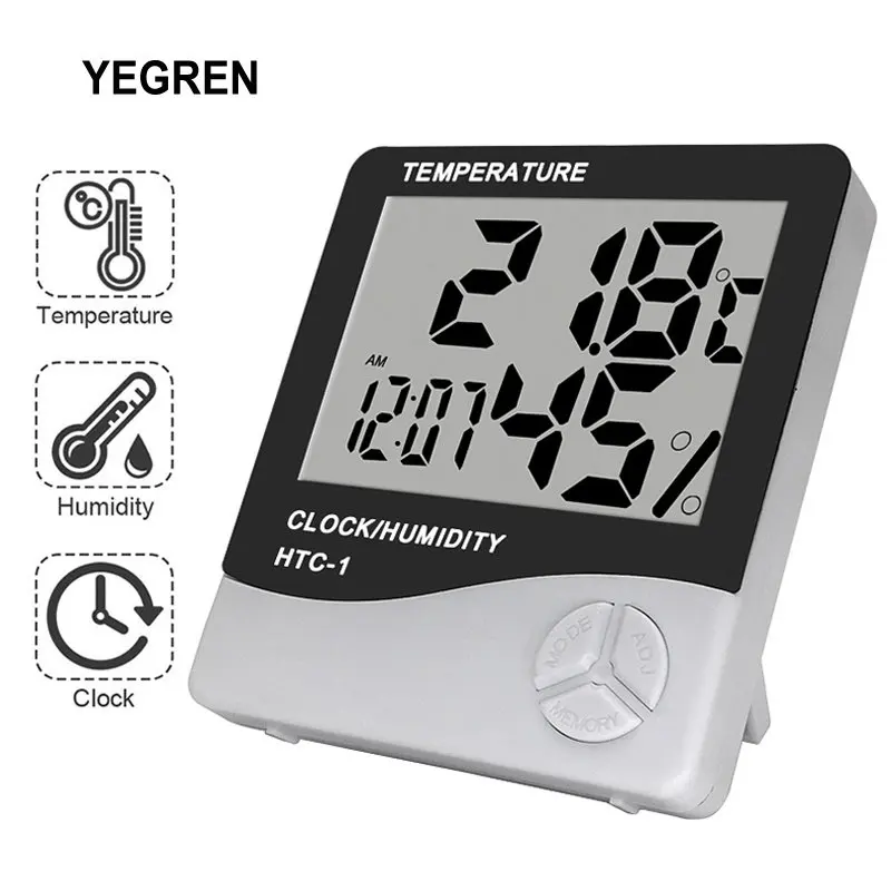 Indoor Digital Thermometer LCD Display Hygrometer Desktop Alarm Clock  Temperature Humidity Tester with Stand