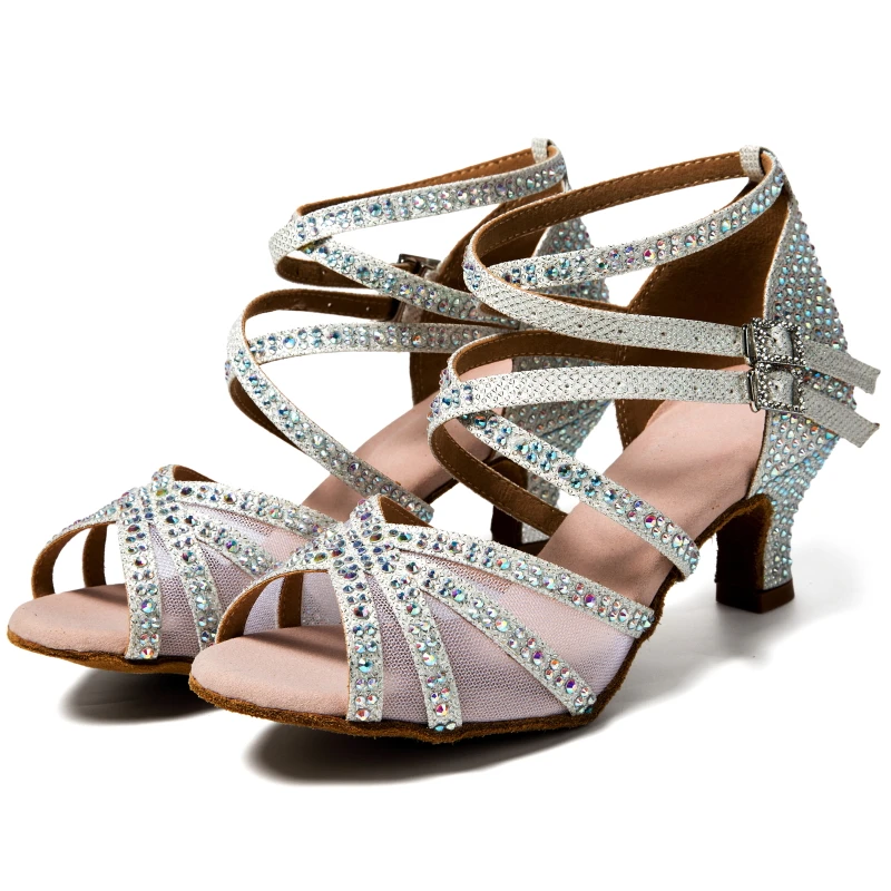 Latin Dance Shoes 2024 New Adult Women's Mid High Heel Diamond Dance Shoes Summer Soft Sole Chacha Square Women's Shoes 3