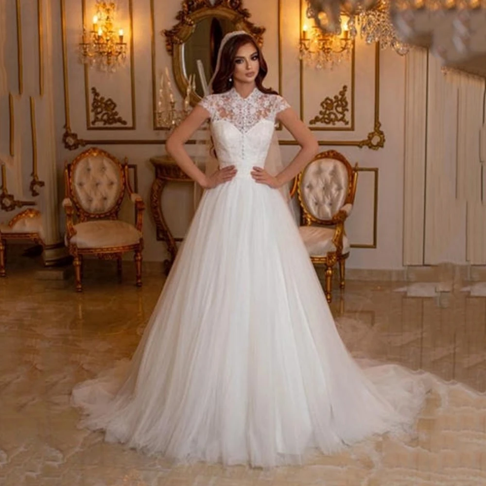 

Msikoods Dubai Muslim Wedding Dresses With Short Sleeves vestidos de novia High Neck Princess Bridal Dress Backless Custom Made