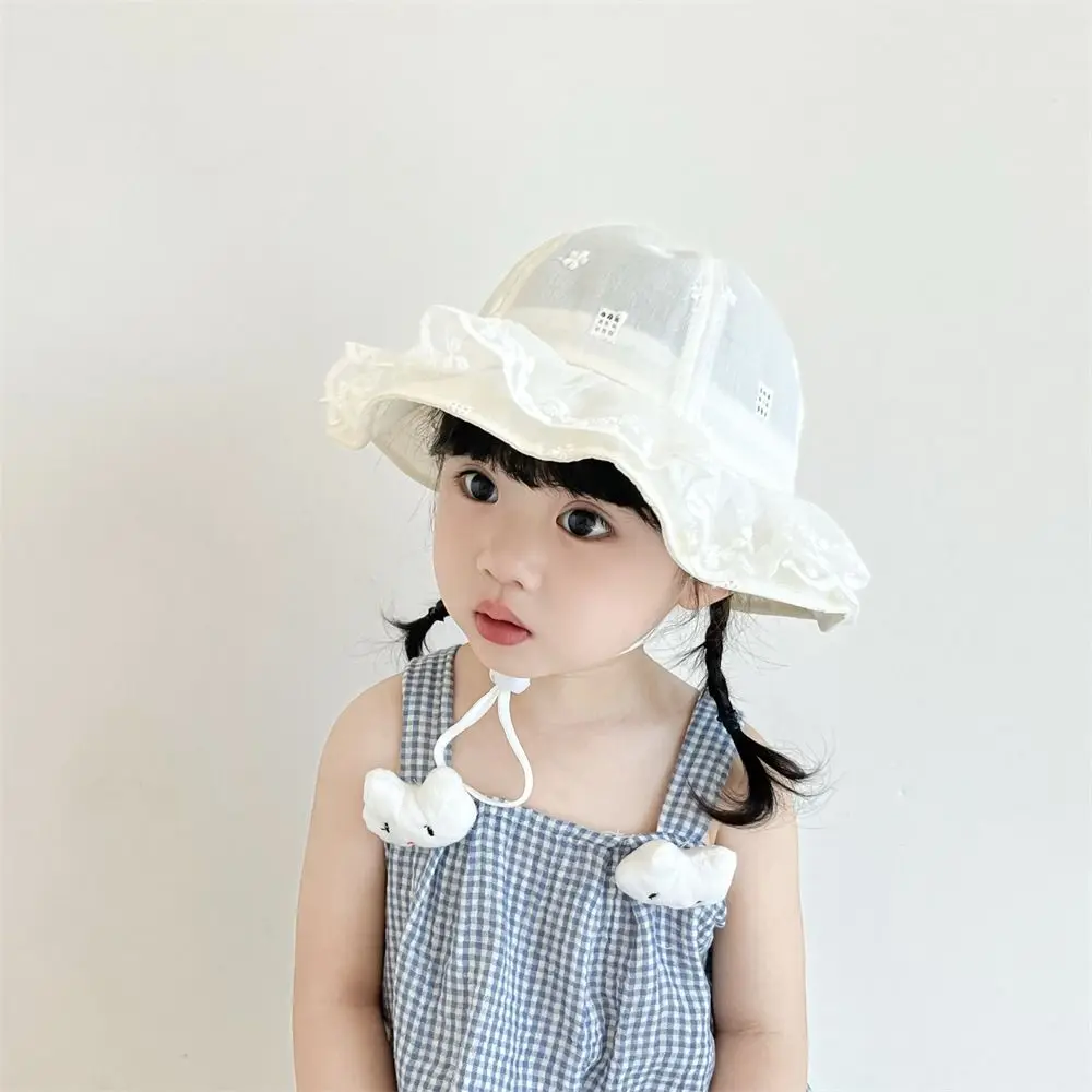 Fashion Sweet White Lace Bucket Hat Princess Sunscreen Toddler Sun Hat with Rope Ruffle Baby Fishermen Hat Beach