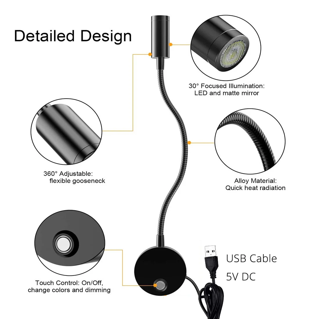 USB Bedside Wall Reading Lamp 2pcs 5V 3CCT Touch Dimming Longer 15" Gooseneck Read Working Study 3W LED Book Lights led light led wall lamp wall light led reading light