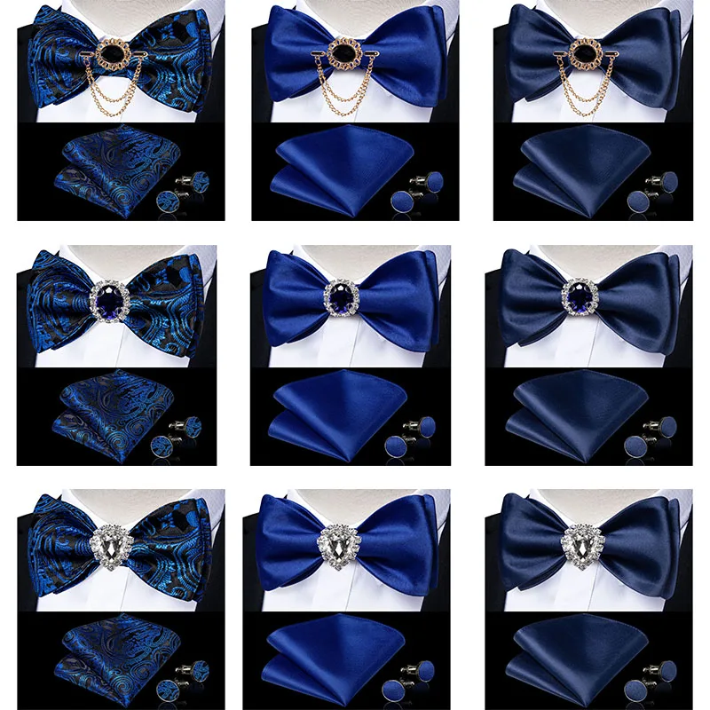 

Royal Blue Men's Self-Bowtie Solid Navy Color Paisley Ties Set Fashion Cravat Brooch Men Butterfly Knot Bow Tie Accessories Gift