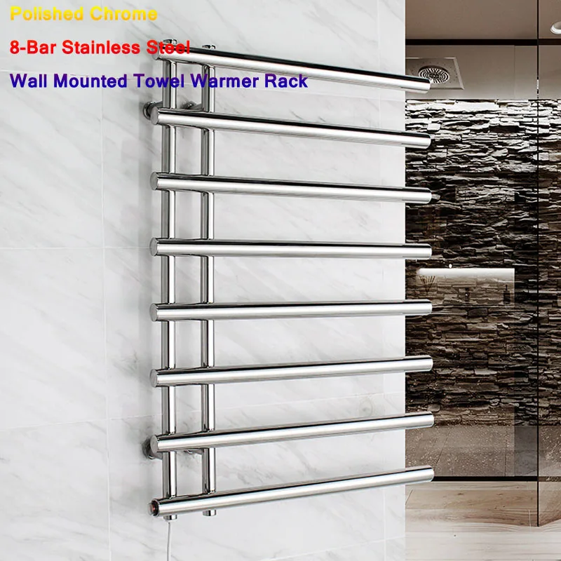 

2024 European Polished Chrome 8-Bar Stainless Steel Wall Mounted Towel Warmer Rack in 95W Quick Warming Tower Heater Rail