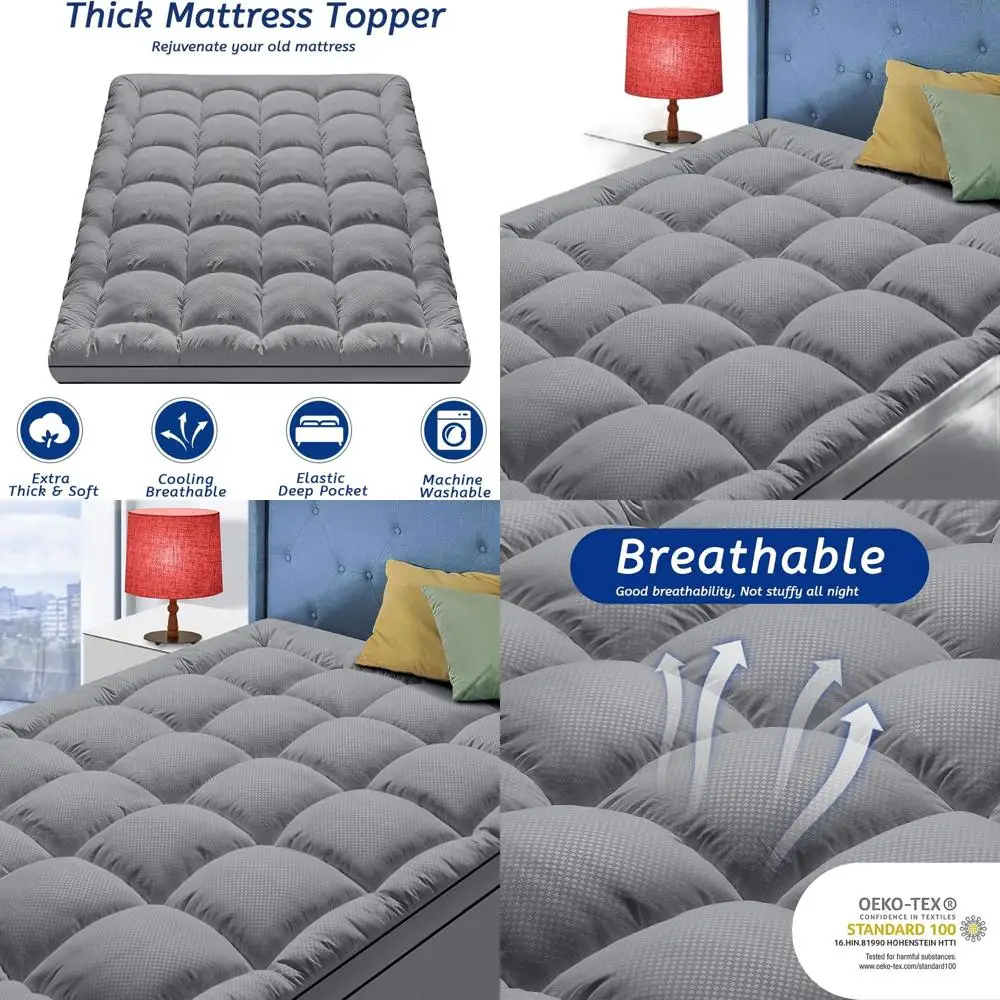 Thick Cooling Mattress Topper for Back Relief, Plush Pillow Top, Deep Pocket, Full Size, Dark Grey