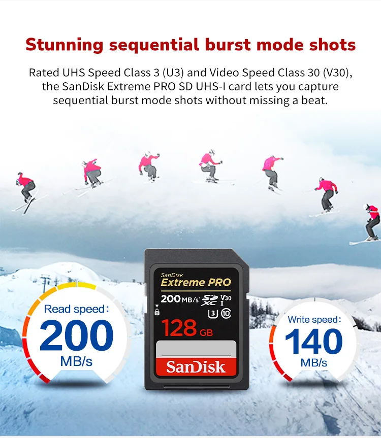 SanDisk Extreme Pro V30 SD-Karte 32GB 64GB 128GB 256GB Max 200Mb/s SDXC UHS-I Speicherkarte für Kamera 4K UHD Videokarte – Detail 3