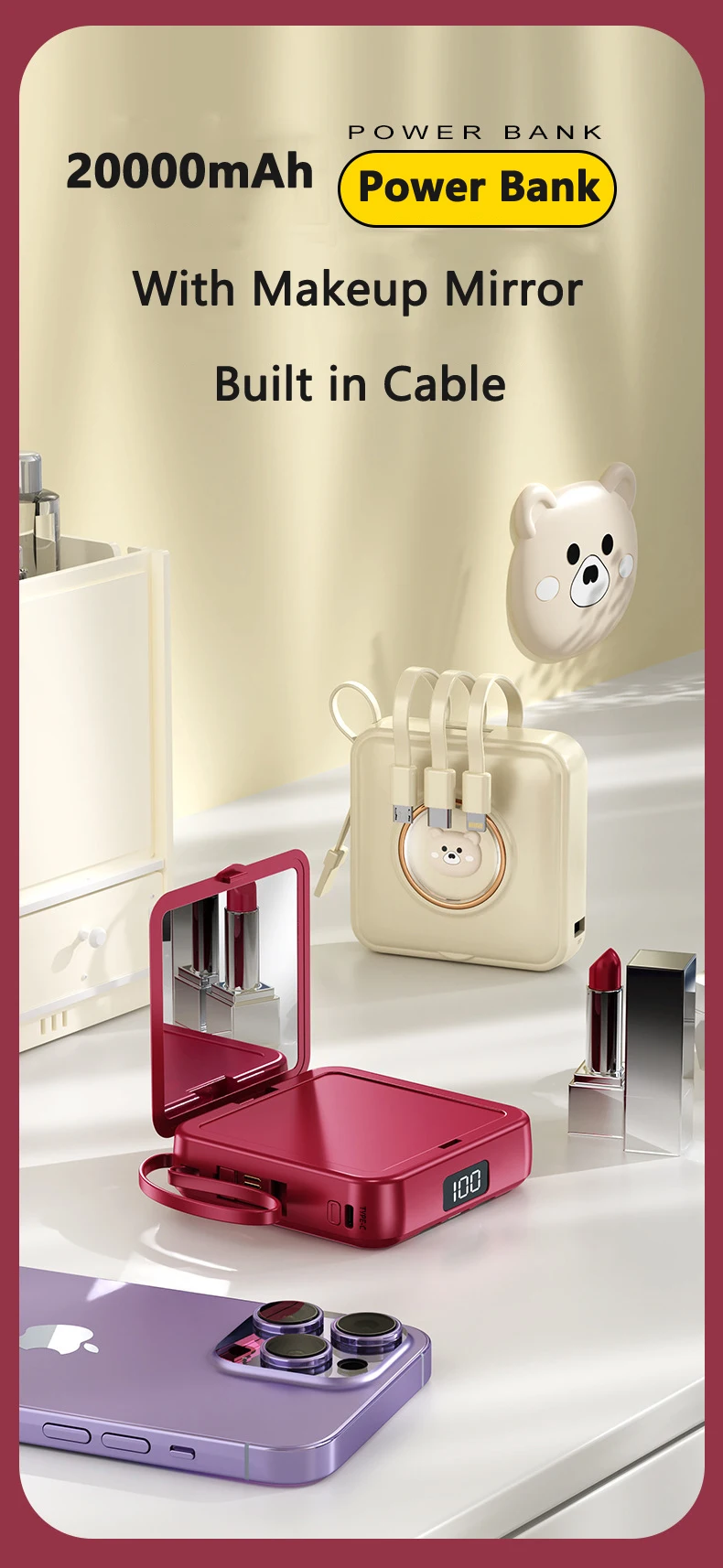 Mini power bank con specchio trucco caricabatterie portatile_voghion.com
