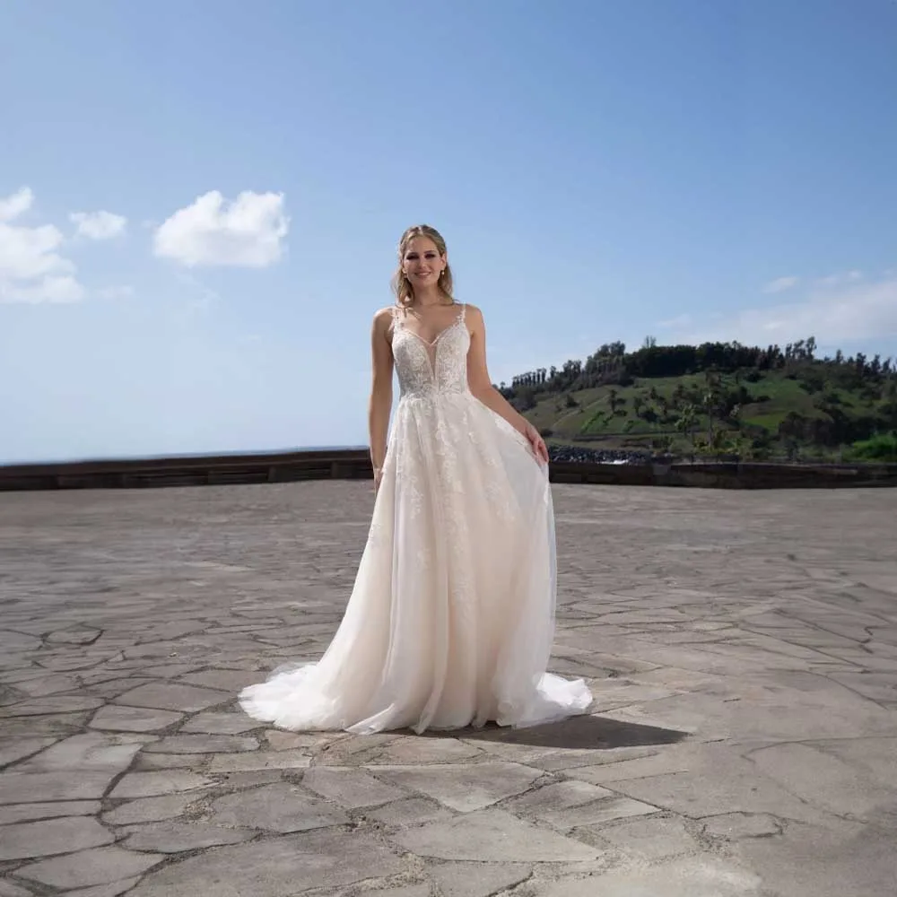 

V-neck Spaghetti Straps Elegant Floral Applique Wedding Dresses for Bridal A-line Court Tulle Wedding Gown Свадебное платье